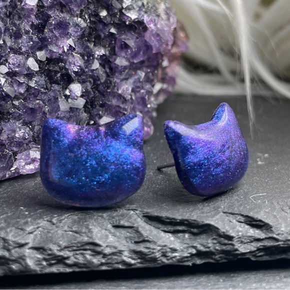 Custom Purple and Blue Sparkling Cat Hand Crafted Stud Post Earrings - Picture 5 of 10